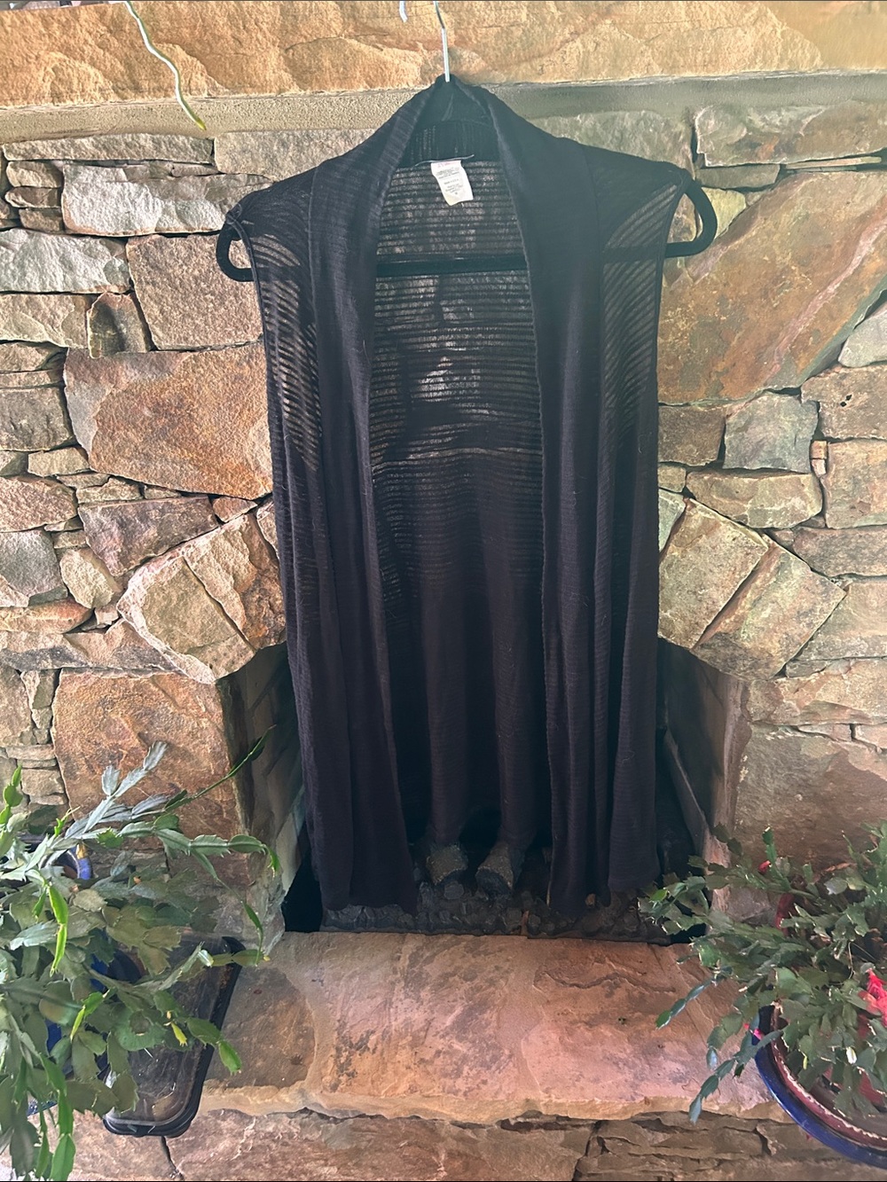 Black Sleeveless Open-Front See Through Knit Sweater Vest; Medium;Crew Knit Wear